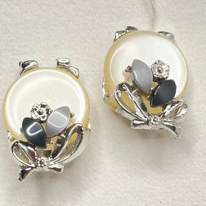 Andrea Earrings Silver Tone And Gray Stones Flower Overlay On Button Moonstone